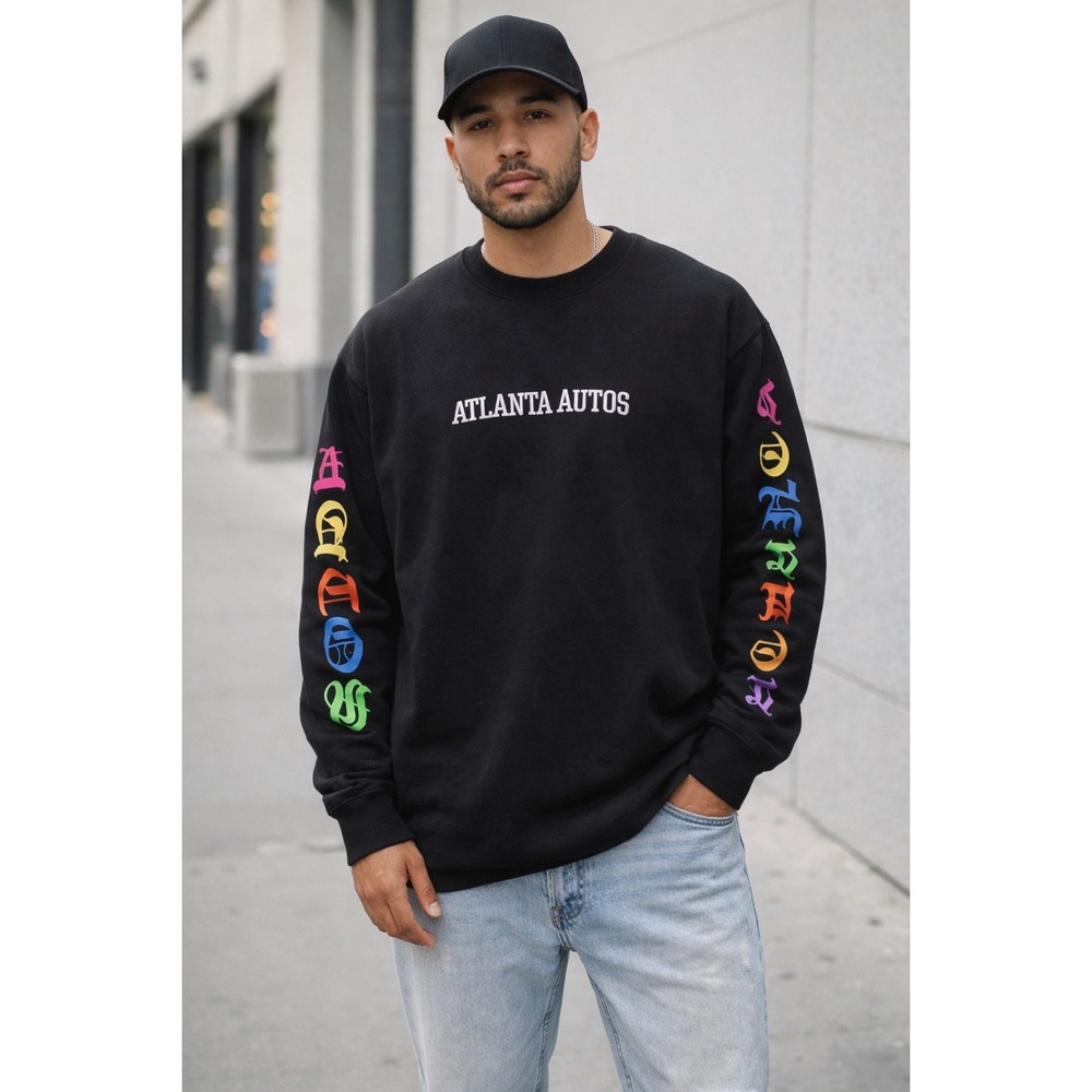 Atlanta Autos Mens Long Sleeve Graphic Tee Black Rainbow Old English Logo Size M